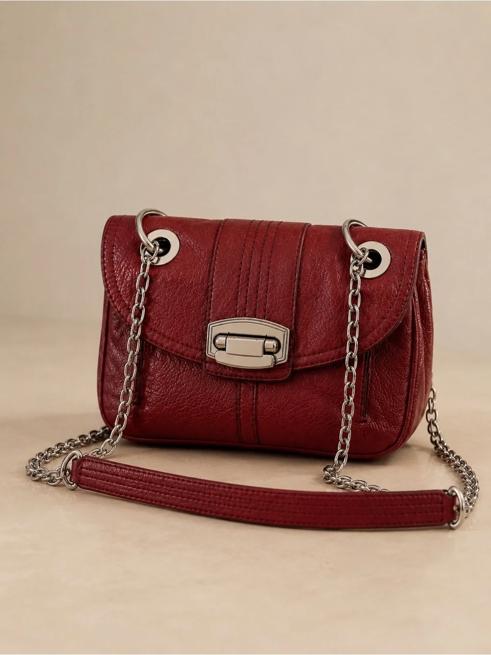 B. Makowsky Burgundy Pebbled Leather Crossbody Bag Silver Chain Purse